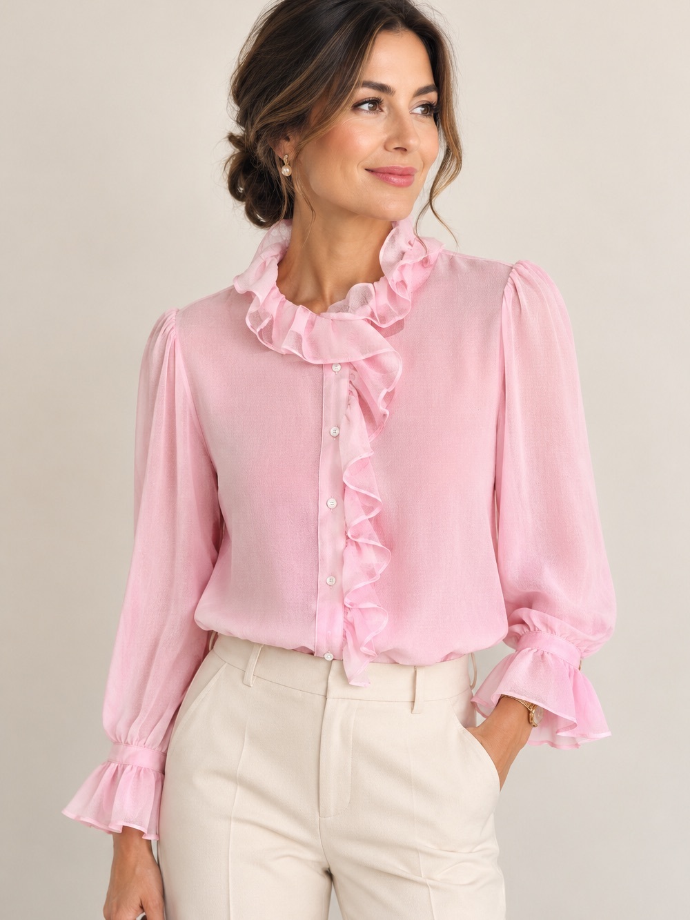 Talbots Pink Ruffle Neck Sheer Long Sleeve button down Blouse Top - Size L